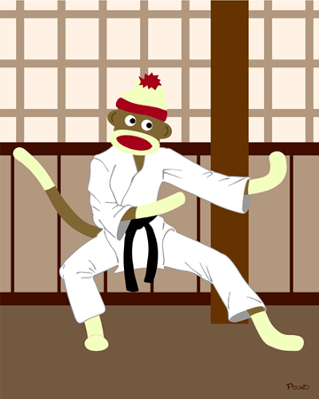 Sock Monkey in Karate Uniform Black Belt Martial Arts Fighter
