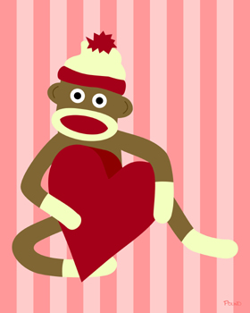 Sock Monkey Pop Art Print Love Heart Valentine Cute Red